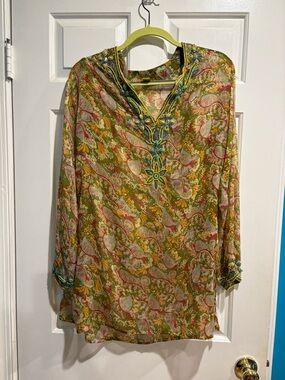 Raj sheer silk embroidered beaded paisley tunic beach cover sz M. L